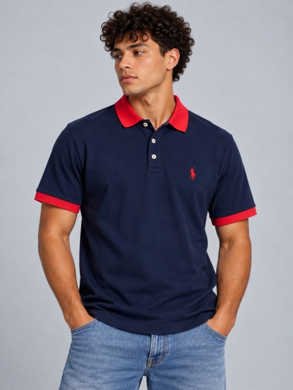 Polo by Ralph Lauren Mens Navy Polo with Red Collar and Cuffs